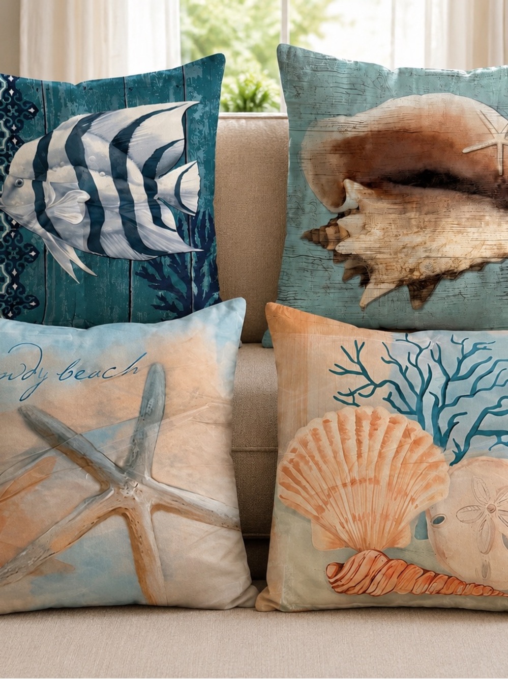 Coastal Seashell & Starfish Decorative Throw Pillow Covers - Teal, Aqua 18”